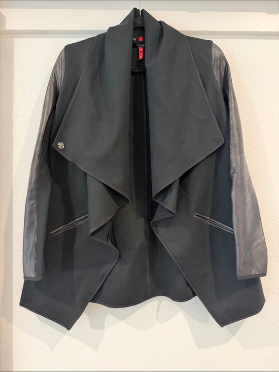 SPANX Jackets & Blazers - SPANX Black Draped Open-Front Jacket with Faux Leather Sleeves
